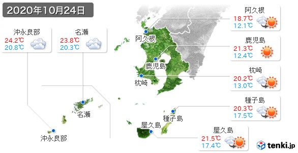 鹿児島県の過去の天気 実況天気 2020年10月24日 日本気象協会 Tenki Jp