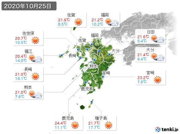 九州地方(2020年10月25日の天気