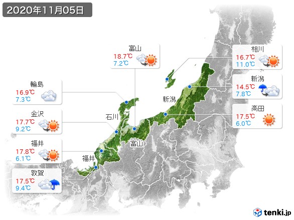 北陸地方(2020年11月05日の天気