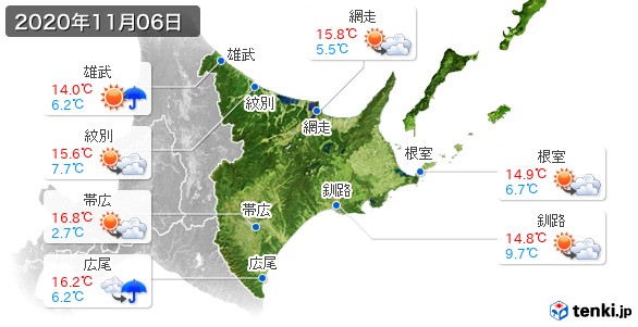 道東(2020年11月06日の天気
