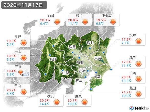 関東・甲信地方(2020年11月17日の天気