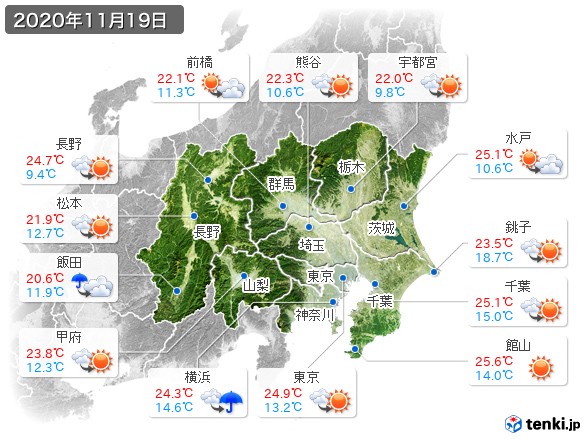 関東・甲信地方(2020年11月19日の天気