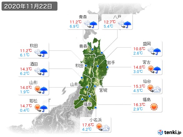 東北地方(2020年11月22日の天気