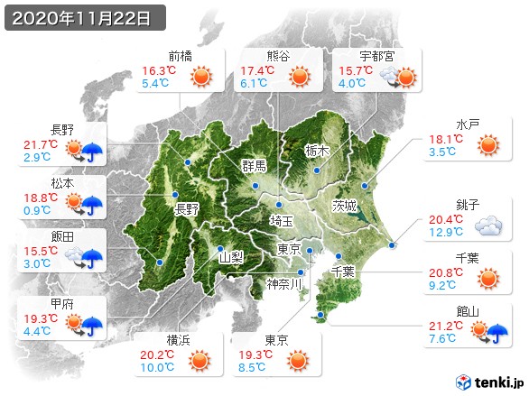 関東・甲信地方(2020年11月22日の天気