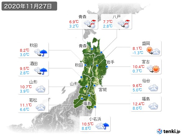 東北地方(2020年11月27日の天気