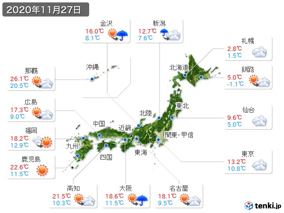 過去の天気 実況天気 年11月27日 日本気象協会 Tenki Jp