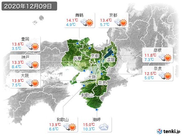 近畿地方(2020年12月09日の天気