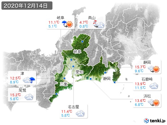東海地方(2020年12月14日の天気