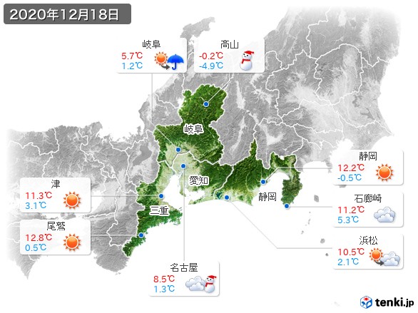 東海地方(2020年12月18日の天気