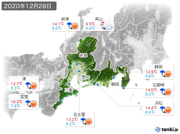 東海地方(2020年12月28日の天気