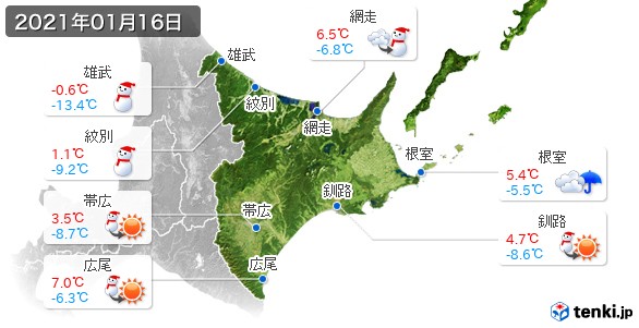 道東(2021年01月16日の天気