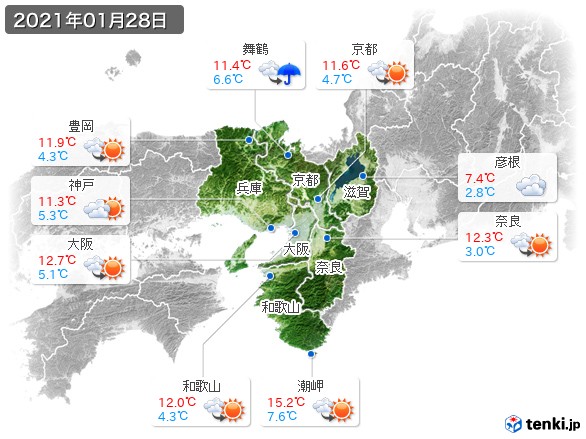 近畿地方(2021年01月28日の天気