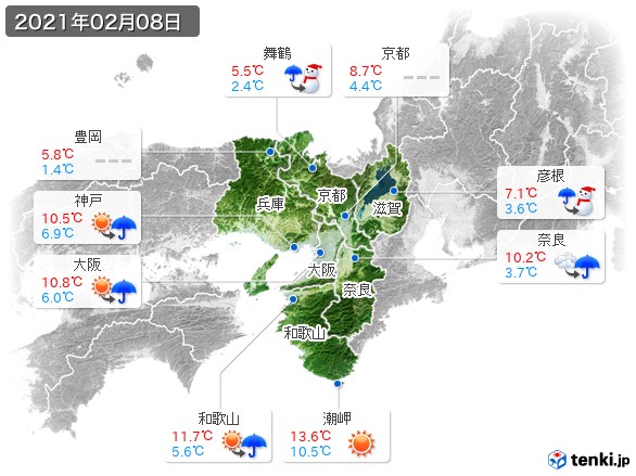近畿地方(2021年02月08日の天気