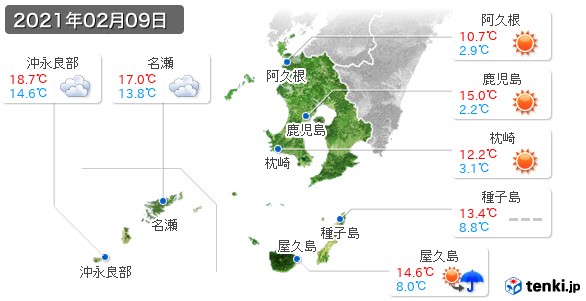 鹿児島県(2021年02月09日の天気
