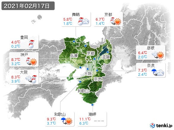 近畿地方(2021年02月17日の天気