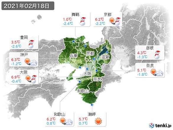 近畿地方(2021年02月18日の天気