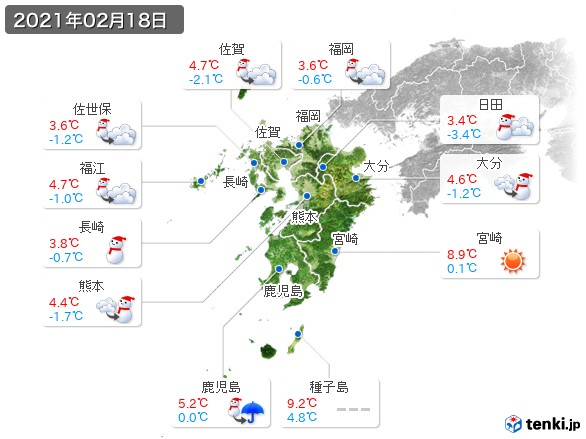 九州地方(2021年02月18日の天気