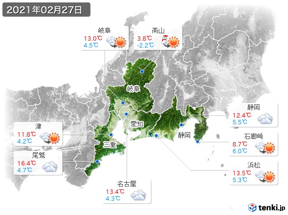 東海地方(2021年02月27日の天気