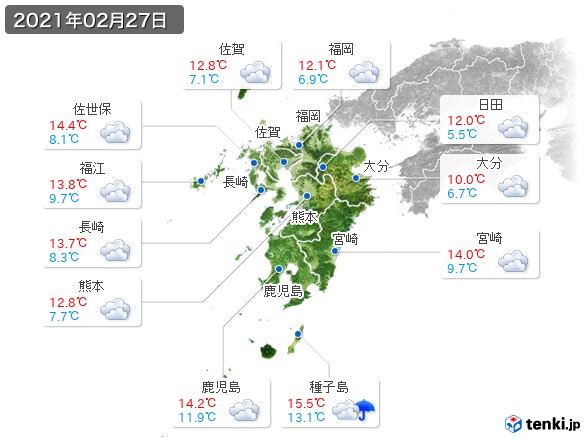 九州地方(2021年02月27日の天気