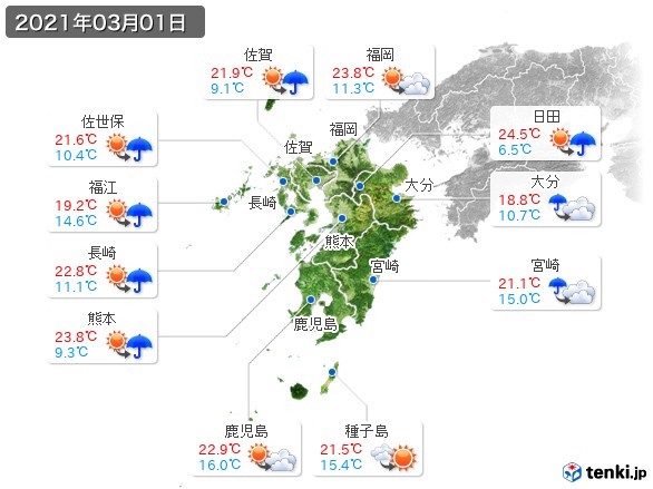 九州地方(2021年03月01日の天気