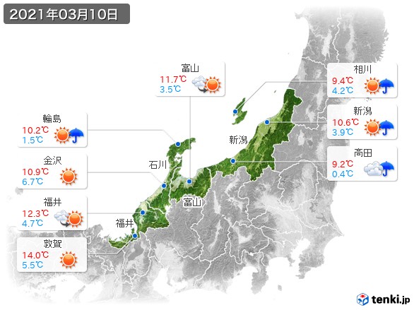 北陸地方(2021年03月10日の天気