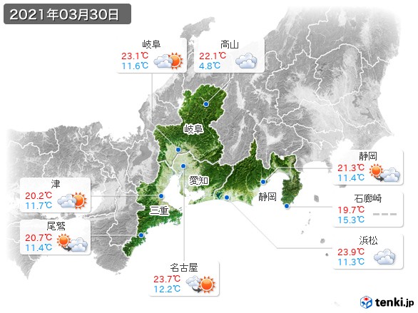 東海地方(2021年03月30日の天気