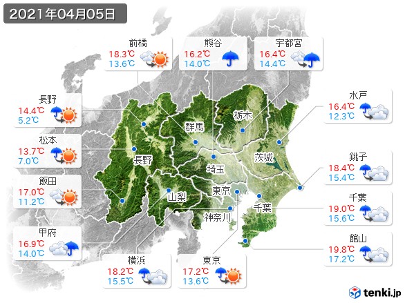 関東・甲信地方(2021年04月05日の天気