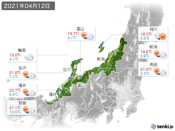 北陸地方(2021年04月12日の天気