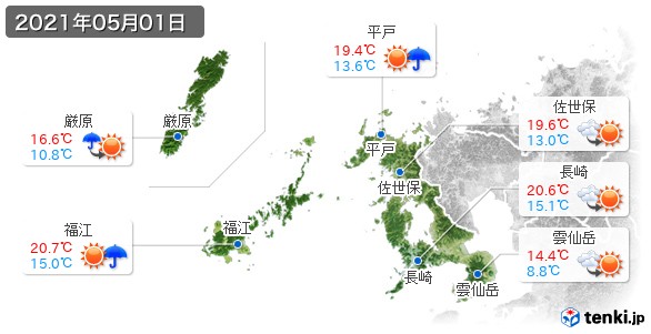 長崎県の過去の天気 実況天気 21年05月 日本気象協会 Tenki Jp