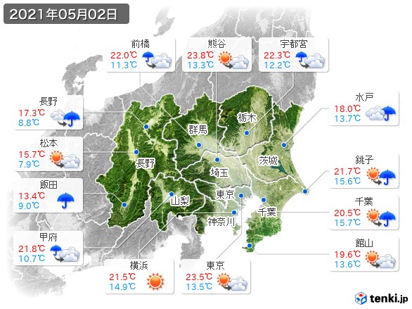 関東・甲信地方(2021年05月02日の天気