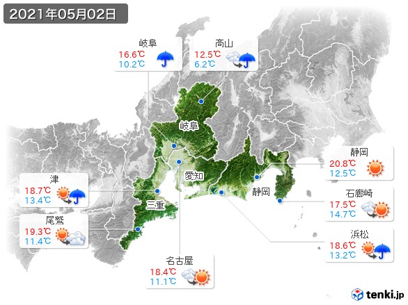 東海地方(2021年05月02日の天気