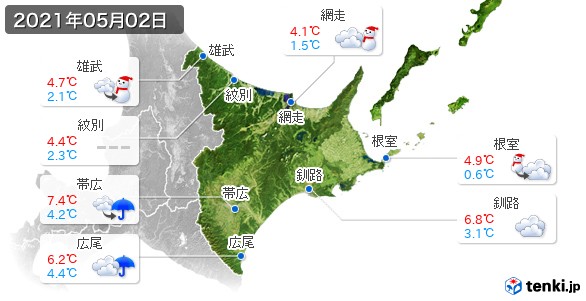 道東(2021年05月02日の天気