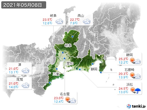 東海地方(2021年05月08日の天気