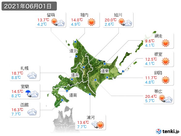北海道地方(2021年06月01日の天気