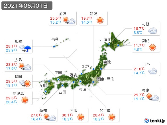 過去の天気 実況天気 21年06月 日本気象協会 Tenki Jp