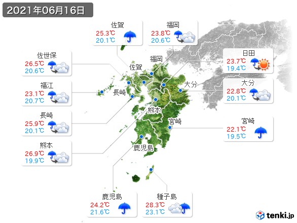 九州地方(2021年06月16日の天気