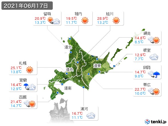 北海道地方(2021年06月17日の天気