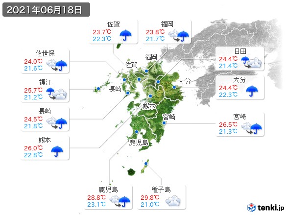 九州地方(2021年06月18日の天気