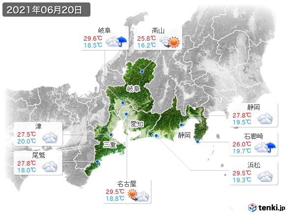 東海地方(2021年06月20日の天気