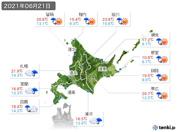 北海道地方の過去の天気 実況天気 21年06月21日 日本気象協会 Tenki Jp