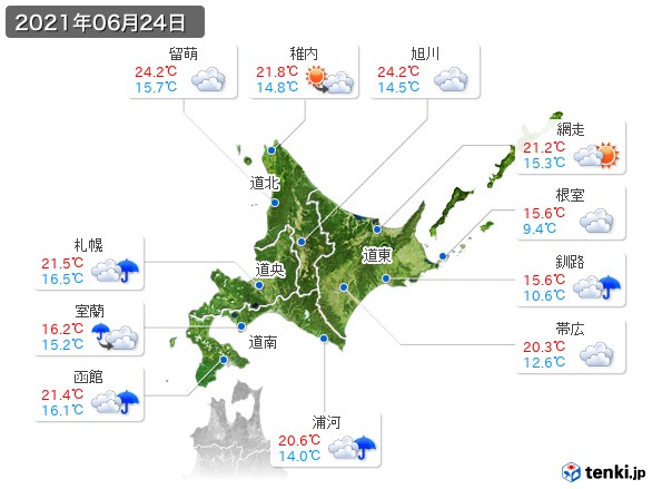 北海道地方(2021年06月24日の天気