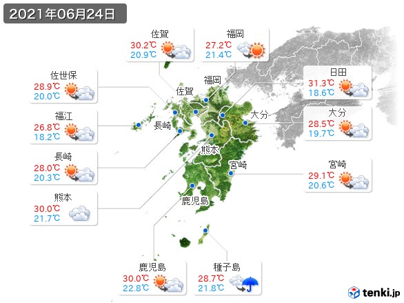 九州地方(2021年06月24日の天気