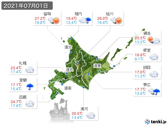 北海道地方(2021年07月01日の天気