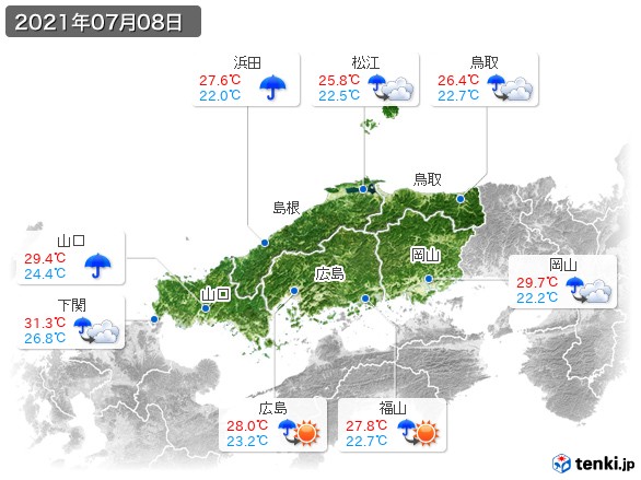 中国地方(2021年07月08日の天気
