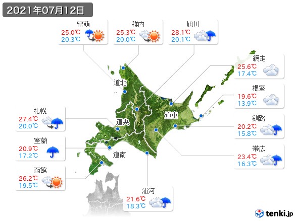 北海道地方(2021年07月12日の天気