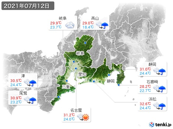 東海地方(2021年07月12日の天気