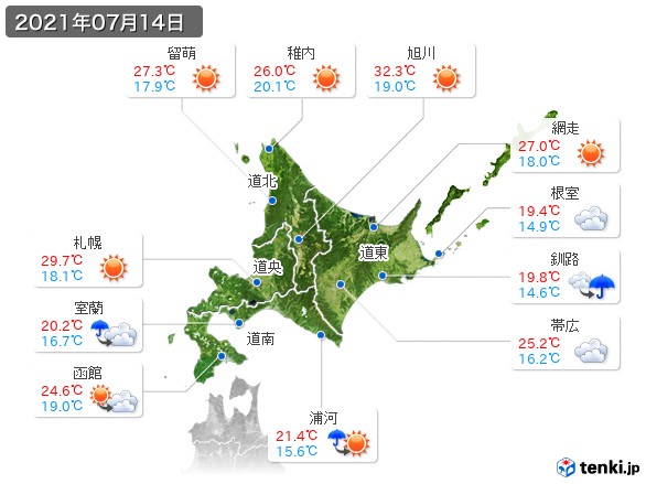 北海道地方(2021年07月14日の天気