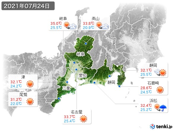 東海地方(2021年07月24日の天気