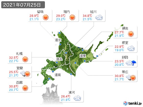 北海道地方(2021年07月25日の天気