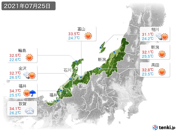 北陸地方(2021年07月25日の天気